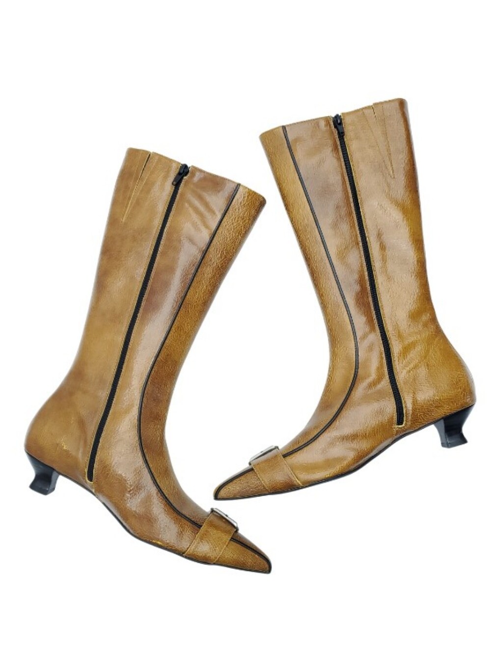 Paloma Wool Tan Crackled Leather Pointed Toe Buckle Boots Retro Size 40 / US 10